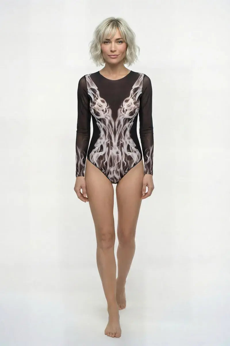 Closed Back One-piece Swimsuit with Sleeves "Grey Flame"