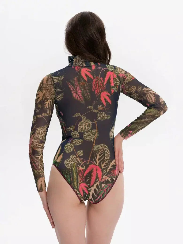 Zipper swimsuit with sleeves “Botanicum”