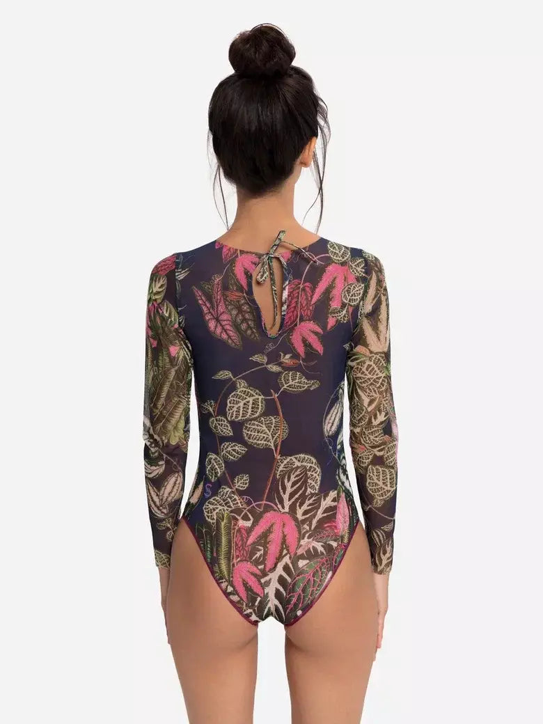Closed Back One-piece Swimsuit with Sleeves "Botanicum"