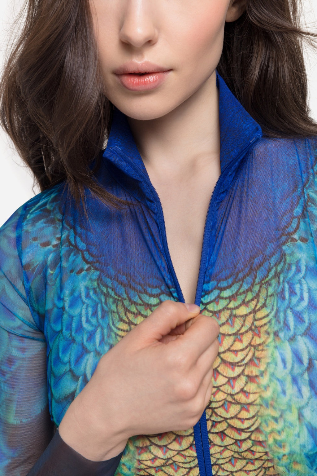 Zipper swimsuit with sleeves "Peacock Mayura"