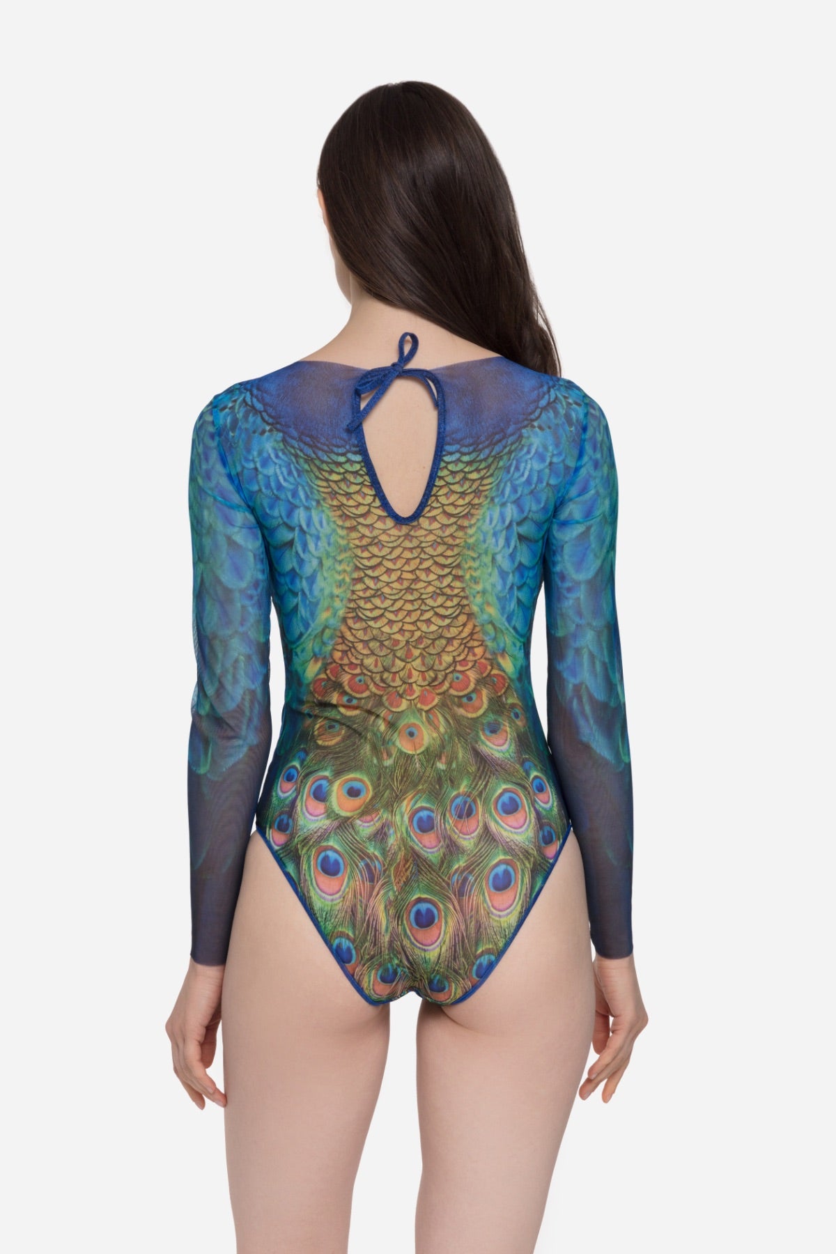 Closed Back One-piece Swimsuit with Sleeves "Peacock Mayura"