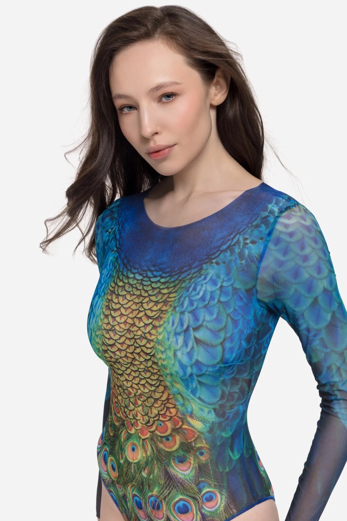 Closed Back One-piece Swimsuit with Sleeves "Peacock Mayura"
