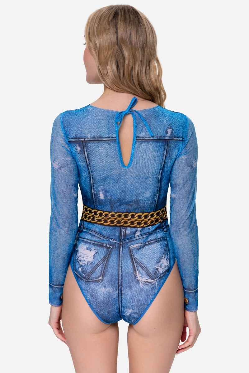 Closed Back One-piece Swimsuit with Sleeves "Jeans"